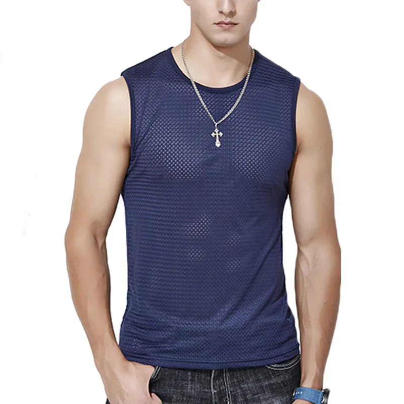 Men Tops Ice Silk Vest Outer Wear Quick Drying Mesh Hole Breathable Sleeveless T Shirts Summer Cool Beach Travel Tanks 220624