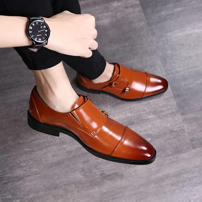 Monk Shoes Men Leather Leather Coll Color Round Toe Heel Flat Fashion Fashion Party Double Buckle Decoration Simply Gentleman Dress Shoescp143