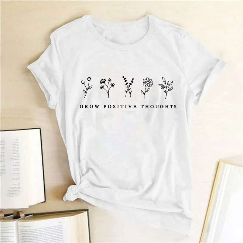 Cultiver des pensées positives fleurs imprimé t-shirt vêtements été t-shirts coton femmes Harajuku graphique chemise esthétique 220607