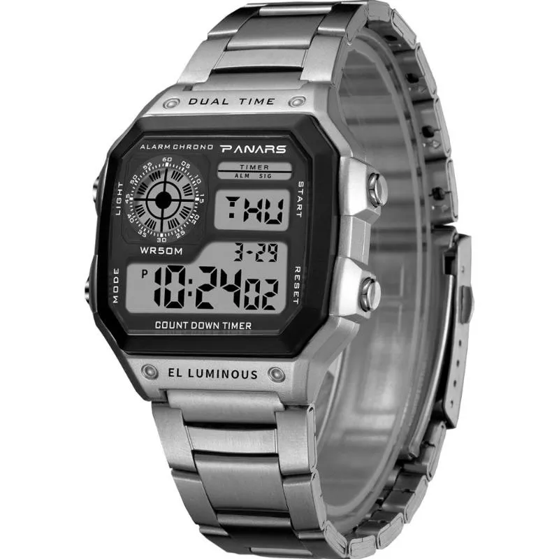 Wristwatches Men'S Square Analog Digital G Shok Watches Stainless Steel Men Bracelet Watch Gshock 50m Waterproof Outdoor Mult208B