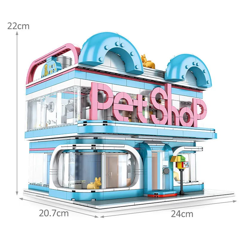 Three-layer Pet Shop Building Blocks City Street View Creative Cat Dog Care Shop DIY Figures Mini Bricks Children Toys Kids Gift 220624