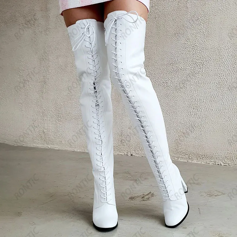 Rontic Handmade Femmes Hiver Cuisse Bottes À Lace Up Bloc Talons Round Toe Beautiful Blanc Casual Chaussures Taille américaine 5-20
