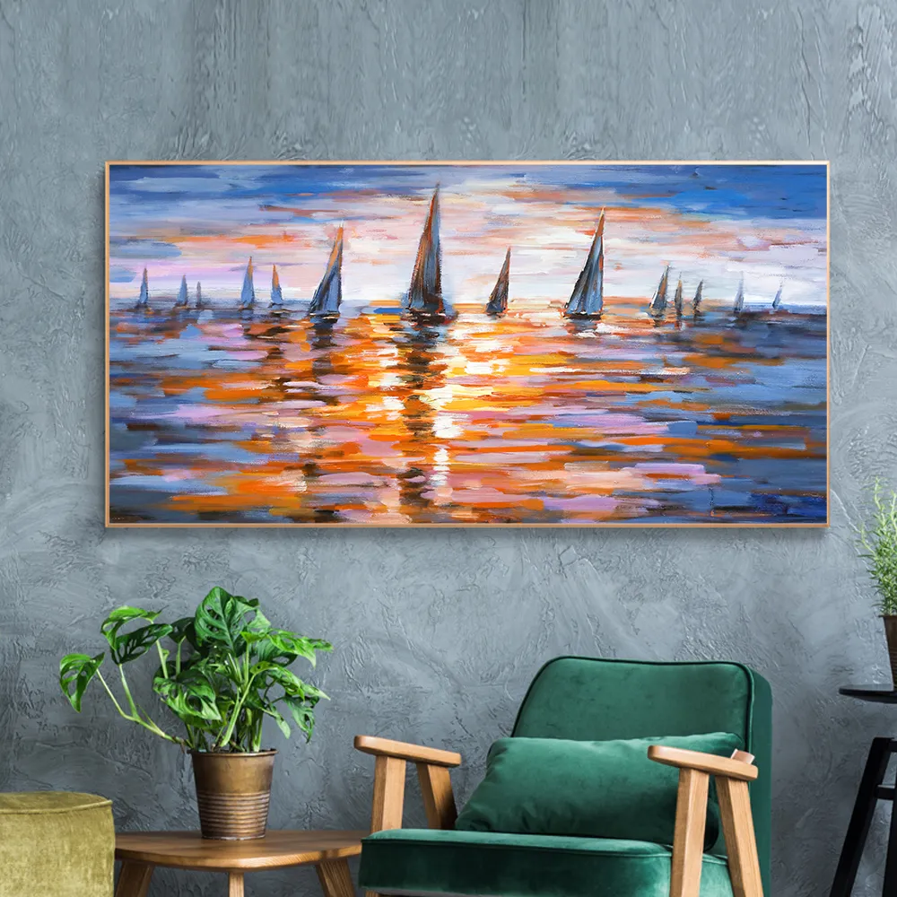 Peinture à l'huile de voilier classique imprimée sur toile d'art mural, affiche pour décoration de salon, peinture de paysage marin de coucher de soleil, décor de maison