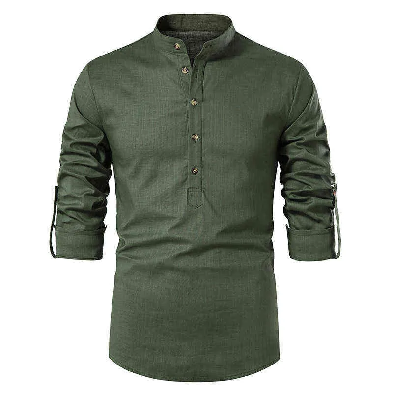 Camicia di lino in cotone verde militare da uomo 2022 Camicia da uomo slim fit con colletto alla coreana di marca Camicia casual quotidiana da uomo Chemise Homme L220704