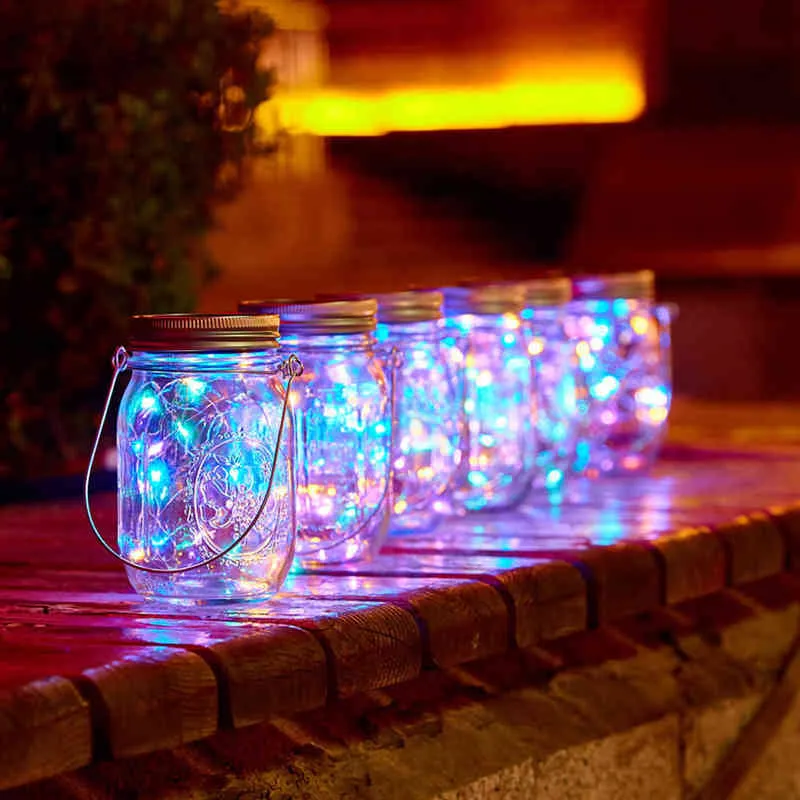 Pz Solar Mason Jar Lid Light con M String Lights Maniglia LED Hanging Lantern Lamp la decorazione del giardino Luce colorata J220531