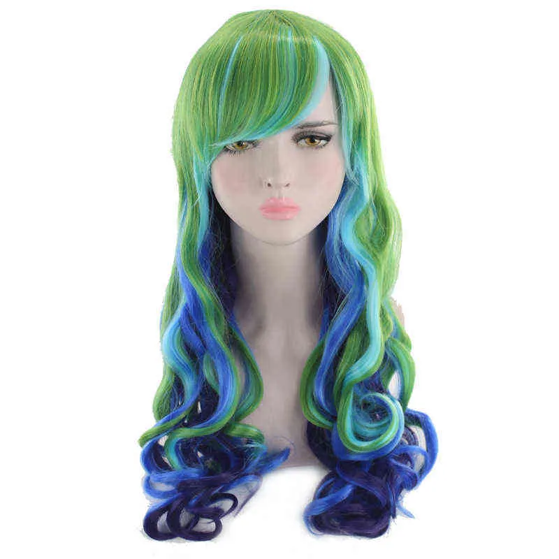 Similler Long Curly Synthetic Wigs for Women Heat Resistance Hair Multicolor Rainbow Cosplay Wig Red Pink Green Mixed Color 220622