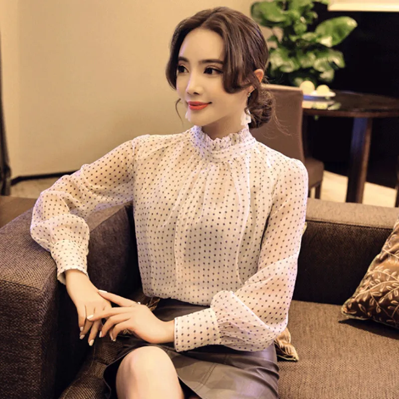 Autumn Polka Dot Chiffon Shirt Female High Neck Loose Blouse Office Lady Thin Bottoming Shirt Women Long Sleeve Blouse Tops Styl