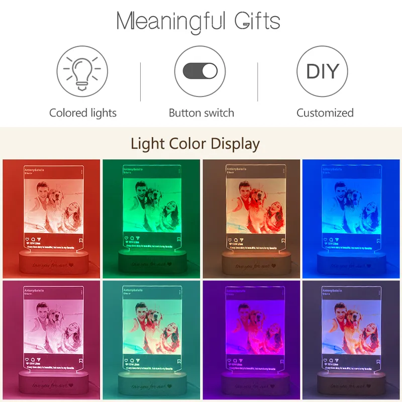 Instagram coloré personnalisé PO 3D Night Light Personnel 3D Diy Desk Lamp Home Decoration Kids Lover Gift with Text 220623