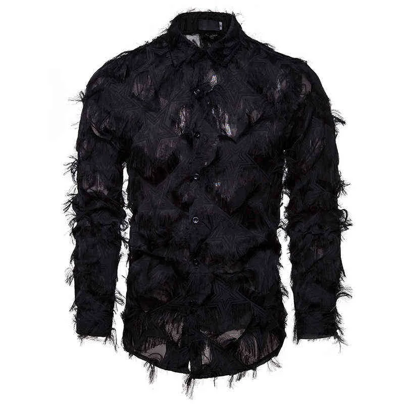 Black Feather Long Sleeve Shirt Men 2022 Fashion Stage Singer Clubwear Sexy Shirts Mens Event Party Prom Shirt Chemise Homme XXL L220704