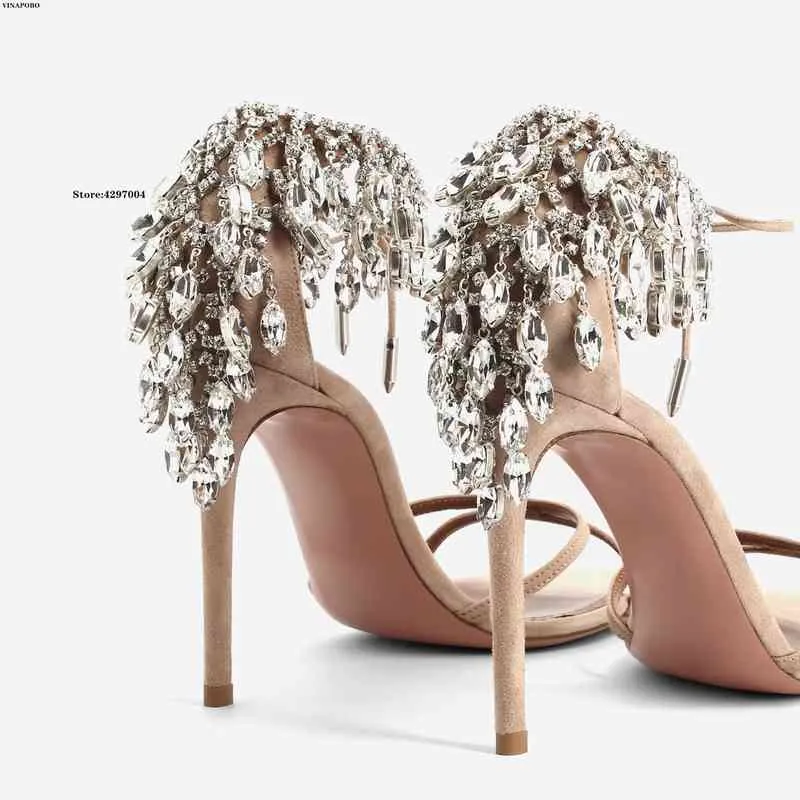 Vinapobo Nouveau Design Cristal Strass Fringe Femmes Sandales Mode Vert Motif En Cuir À Bout Ouvert Talons Aiguilles Dames Shoes220513