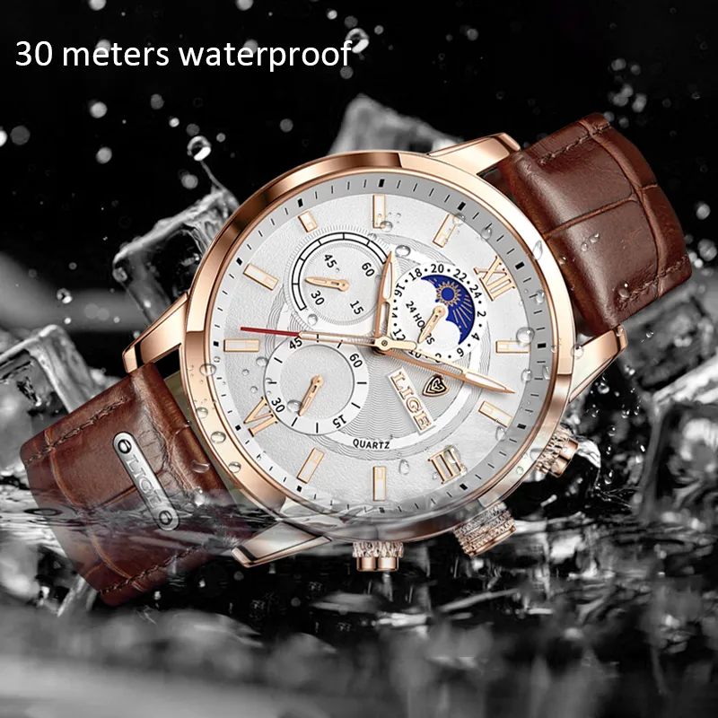 Lige Watches Mens Top Brand Luxury Clock Casual Leathe 24 Hour Moon Fase Men Watch Sport Waterproof Quartz Chronograph Box 220329222w