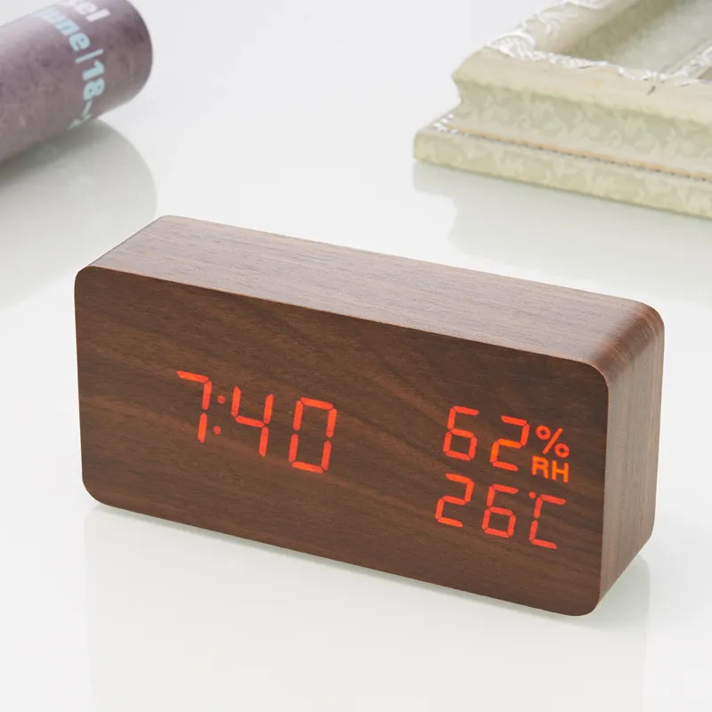 D2 Alarm Clock Digital LED Wooden Watch Table Voice Control Wood Despertador Snooze Time Temperature Display Desktop Clocks Gift 220623