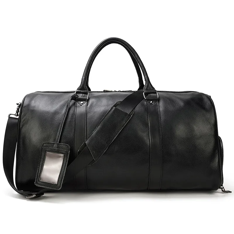 Mens Leather Travel Black fitness bag stand cylinder handbag head leather messenger bagS barrel duffle menbag