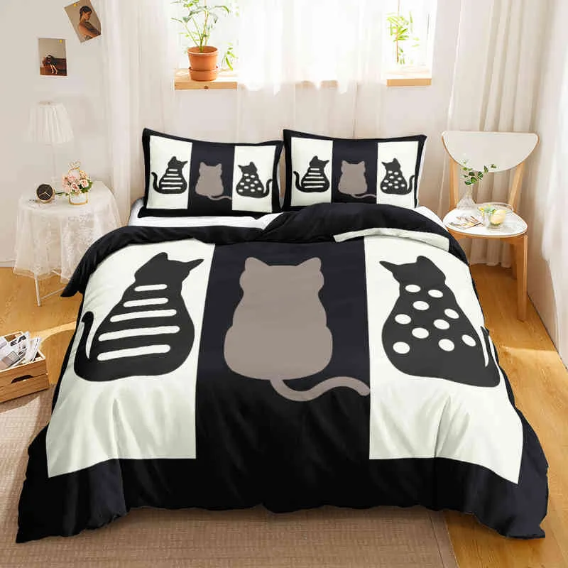 Cat Duvet Cover Set Digital Different Color Cartoon Cute Print Bedding Bedclothes Double Queen King Size Qulit
