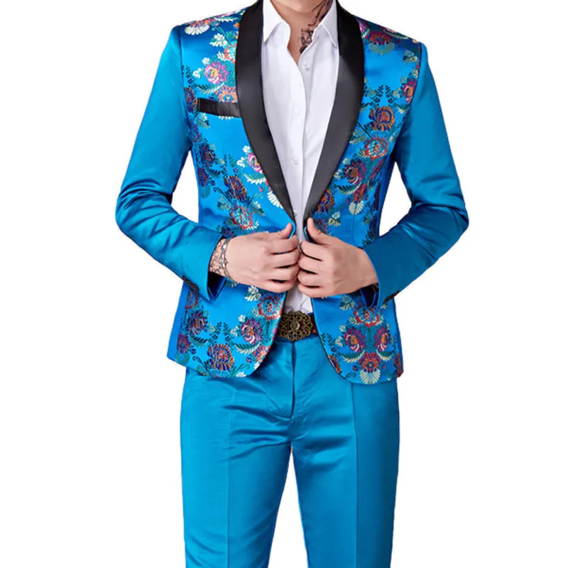 Mode Heren Casual Zakelijk Gastheer Bloem Pak Jas Broek 2 Stuks Set / Heren Kleurrijke Slim Fit Blazers Jas Broek 220514