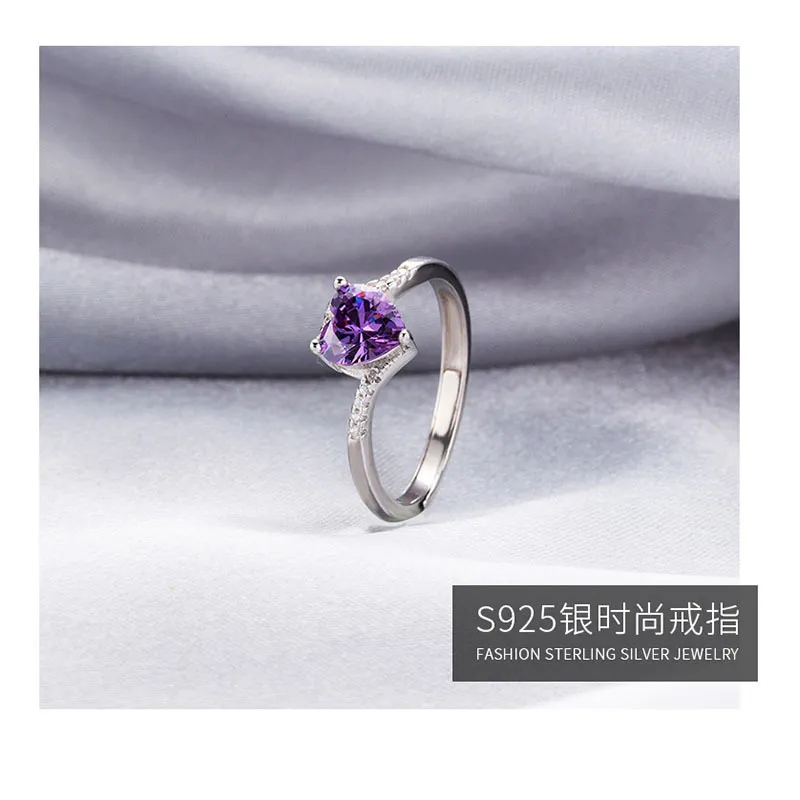 S925 Sterling Silver Women s Ring Punk Couple Resizable Purple Heart Shaped Zircon Wedding Gift Luxury Original 925 Jewelry 220708