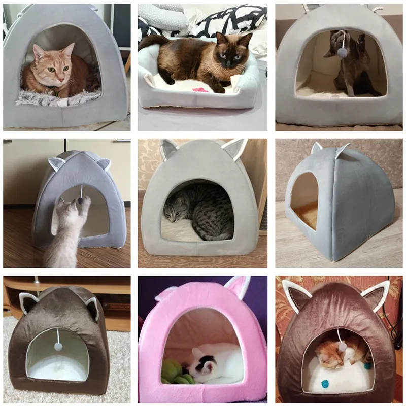 Cat Tent Nest Vinterbädd Fällbar Inomhus Valp Mascotas Casa Cave Pet House med plysch mjuk kudde 220323