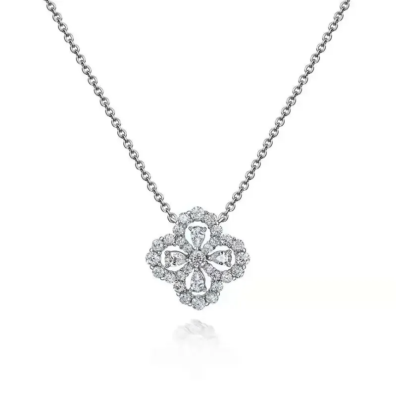 Luxus voller Diamant vier Gras Anhänger Halskette Nischendesign Super Flash Imitation Moissanit blütenförmige Blume Schlüsselbeinkette weiblich