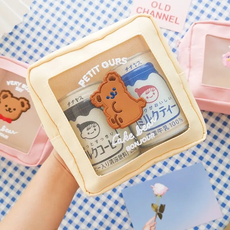 Korea Bear Mesh Cosmetic Bag Case Cute Girls Kawaii Make -uptas Pouch Fashion Dames Travel Wash Organizer Pouch Handtassen 220630