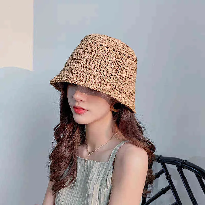 Новая мода леди соломенная шляпа женские летние солнцезащитный козырек солнцезащитный колпачок Панама лодка дискета колпачок женской женщины ведро шляпа соломенный пляж G220301