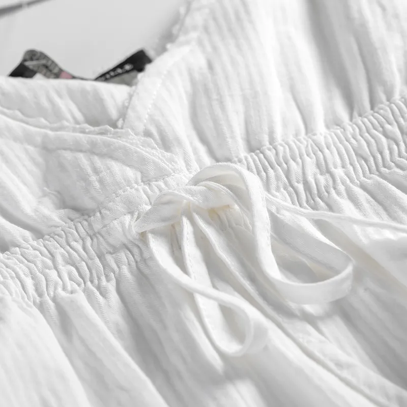 Biały proste koronkowe top kobiety Summer Seksowne V Szyjka Bow Bawory bawełniany top femme swobodne vintage boho bluzki szykowne 220514