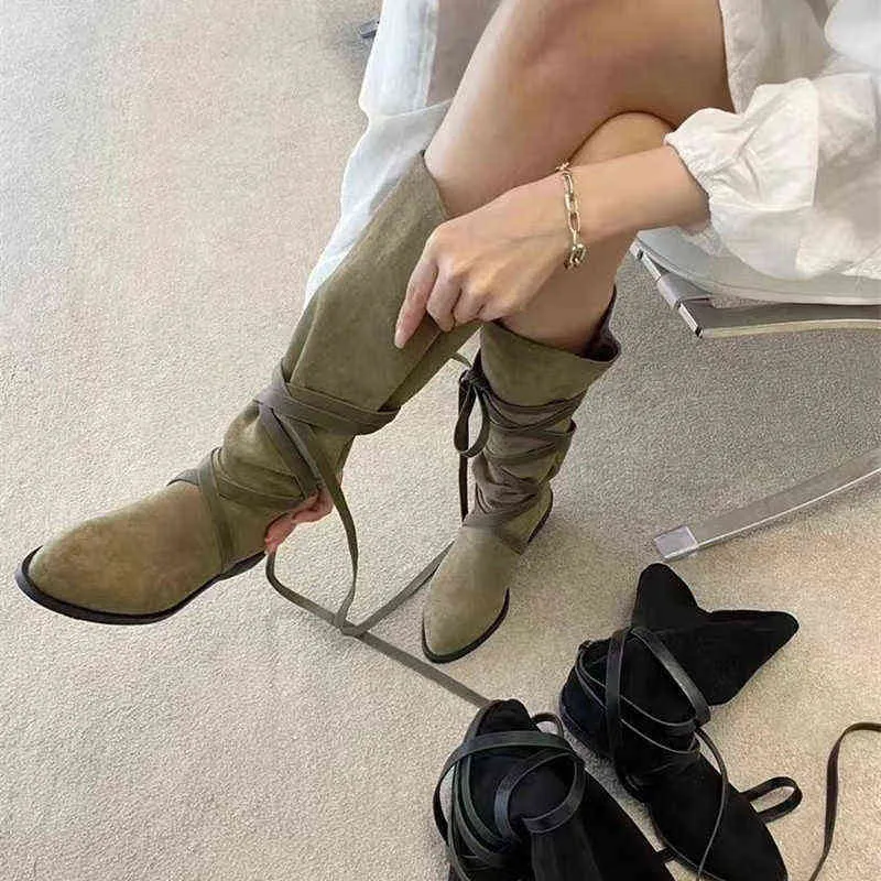 Women Boots Pointed Middle Tube Net Red Same Western Boot 's New Frosted Suede Lace Up Low Heeled Knight in Autumn 2022 0709