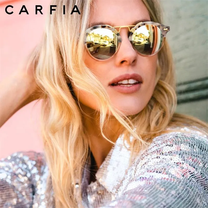 Carfia Small Acetate Polarised Solglasögon för kvinnor speglade lins Retro dubbel bridge Eyewear Metal Brow Round Sunnies158C