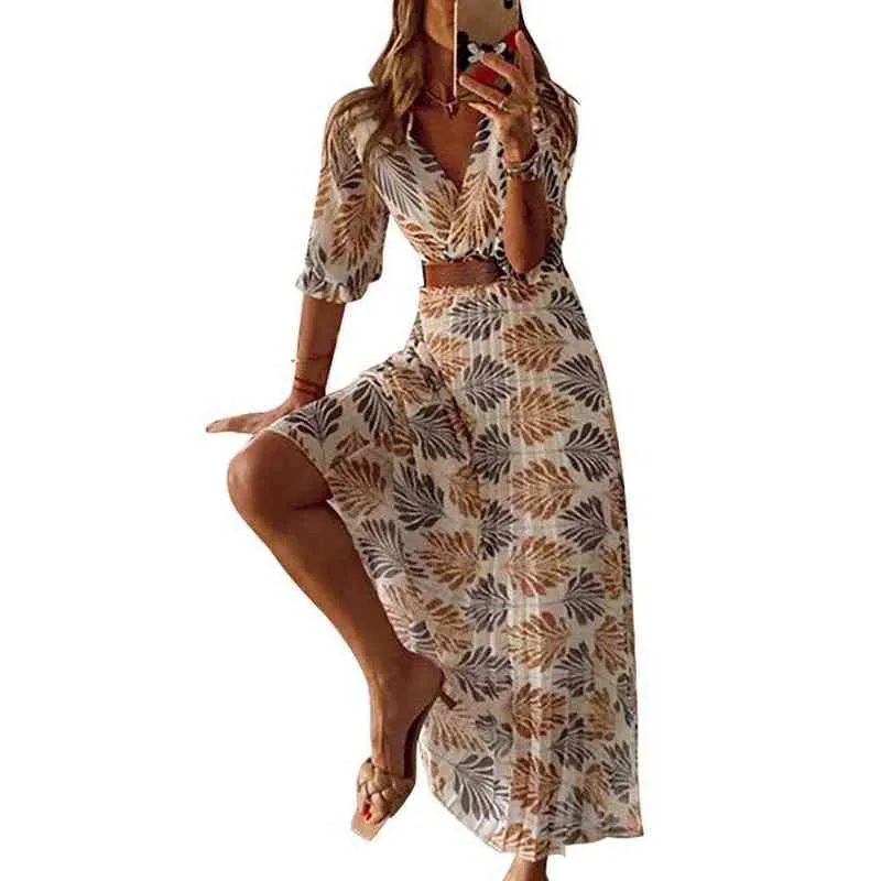 Summer Beach Women Dresses Fashion Casual Bohemian Sexy V Neck Short Sleeve Loose High Waist Print Dress 2021 G220510