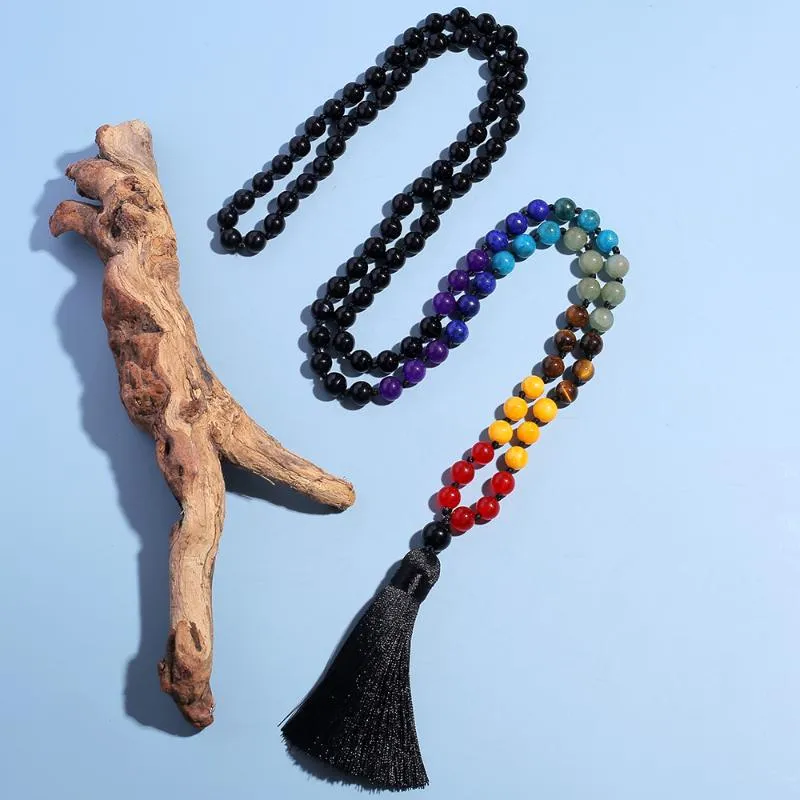 Ожерелья с подвесками Showboho 108 бусины мала 7 чакр ожерелье 8 мм черный оникс с узлами для медитации, йоги, молитвы, четки для мужчин и женщин207H