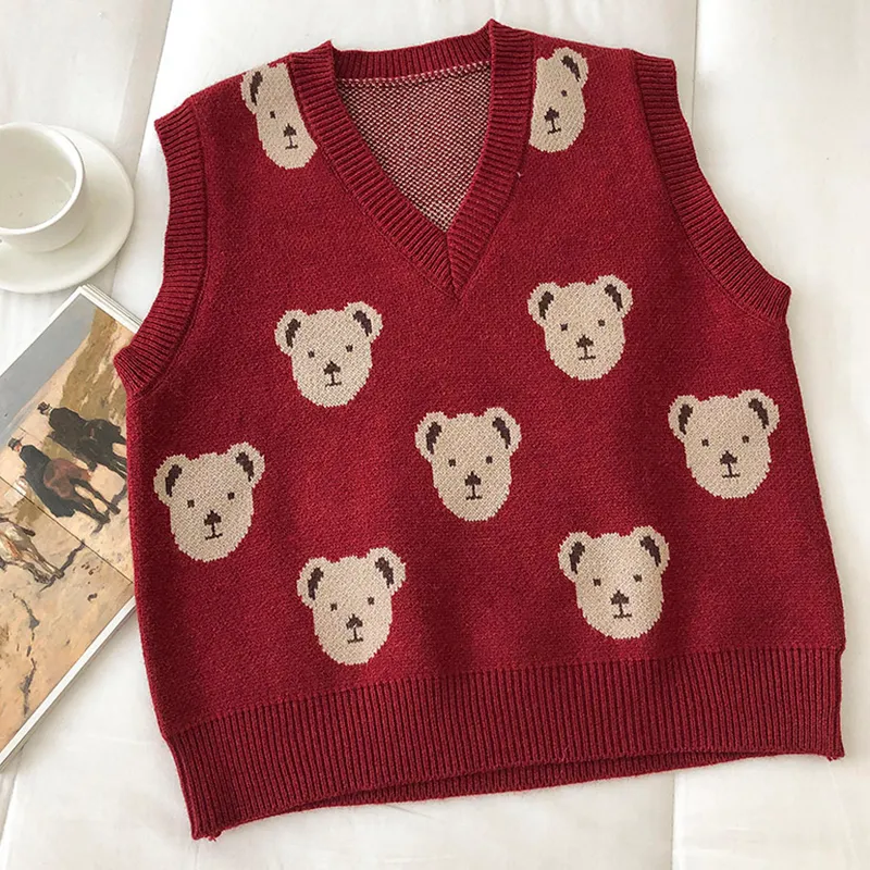 Azyt Spring Cartoon Print Women's Sweater Vest Autumn V Neck Pullover Knit Waistcoat Kvinnor Casual ärmlös jacka Kvinna 220719