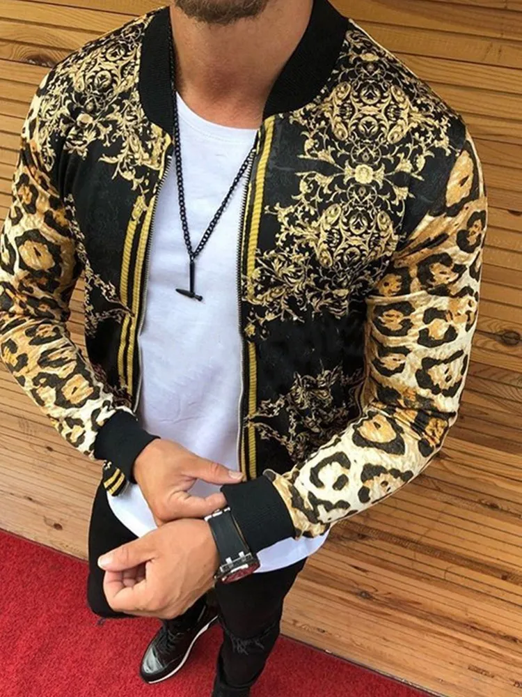 Jaqueta de impressão de leopardo masculina Cardigan Zipper Bomber Primavera Casacos Masculinos Casual Streetwear Stripe Slim Fit Estilo Britânico Jaquetas 220324