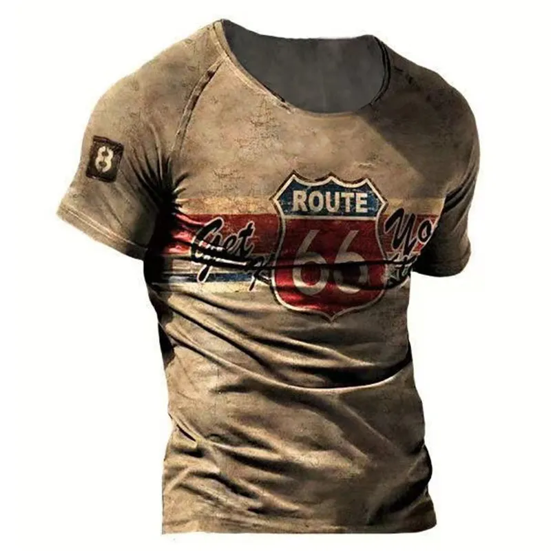 Vintage Motocyclel US Route 66 Hommes T-shirt D'été Lâche Col Rond À Manches Courtes Streetwear Tops T-shirts Casual Surdimensionné T-shirts 220607