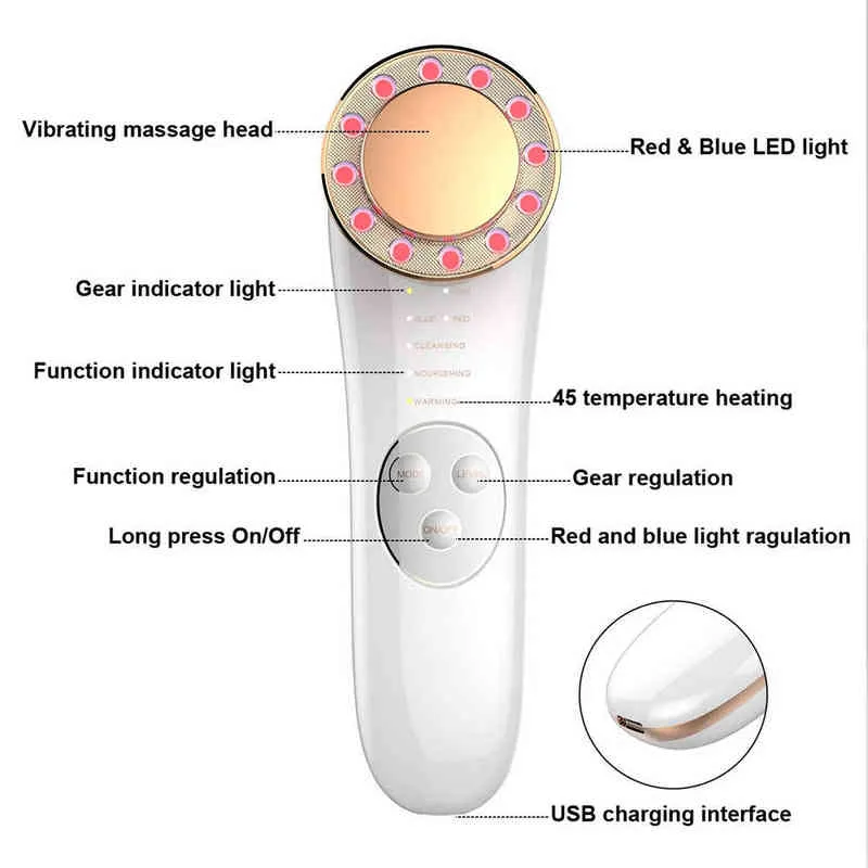 7 in 1フェイシャルレッドブルーLEDライトデバイスイオンマッサージャーアンチエイジングスキン締め付けクリーナースキンケアマッサージマシン220429