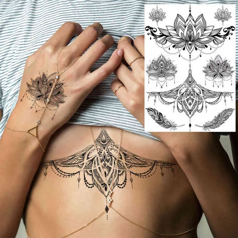NXY Temporäre Tattoo Rejaski Schwarz Henna Spitze Tattoos Aufkleber für Frauen Schmetterling Mehndi Blume Fake Tatoo Feder Flora 0330