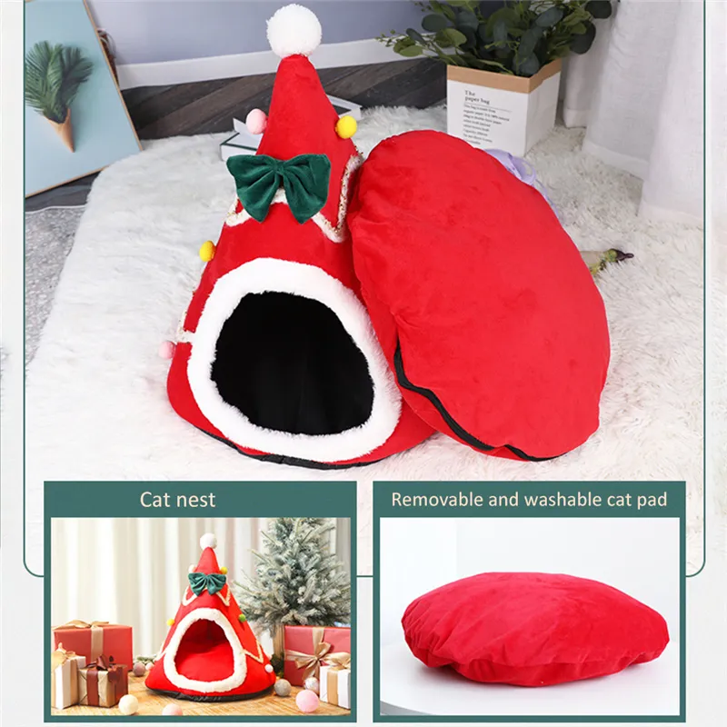 Cama para mascotas cálida Sombrero de Navidad Forma Cat Kennel House Soft Plush Nest Cachorro Pequeñas camas para dormir Tienda Cojín portátil Mat 220323