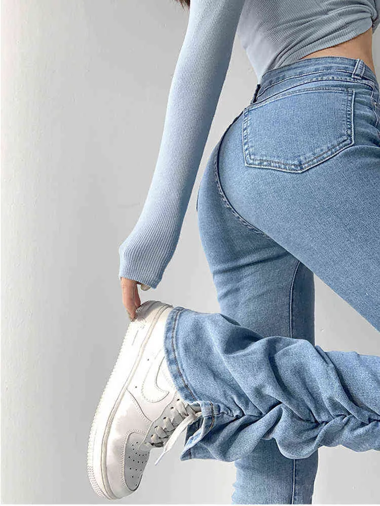 Mucchio di jeans slim fit blu pieghettati Primavera Estate da donna Nuovo stile semplice Pantaloni sottili a vita alta con lavaggio Pantaloni in denim femminile T220728