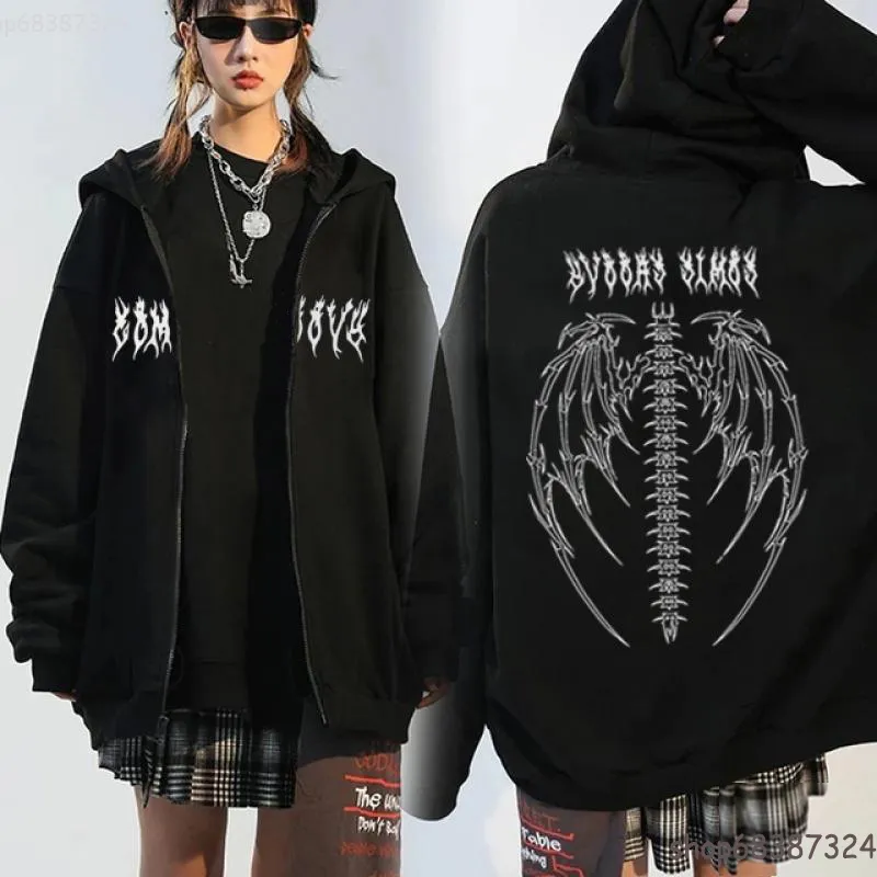 Y2K Streetwear Hoodie Tops Punk Gothic Oversized Schedel Vleugel Evil Flame Unisex Vest Rits Sweatshirt Mannen Vrouwen Jassen 220816