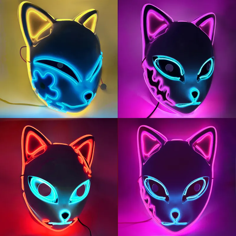 2022 LED Glowing Cat Face Mask Cool Cosplay Neon Demon Slayer Fox Maschere regalo di compleanno Festa di carnevale Masquerade Halloween
