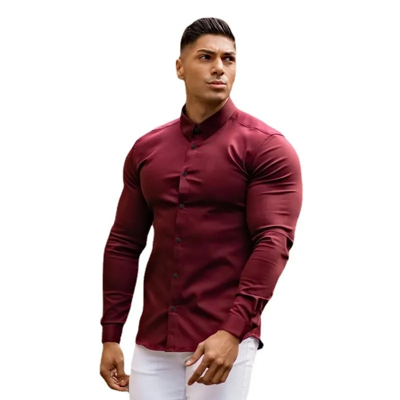 Lente herfst mode volledige mouw shirt mannen solide casual slim fit sociale zaken jurk heren gym fitness sportkleding 220330