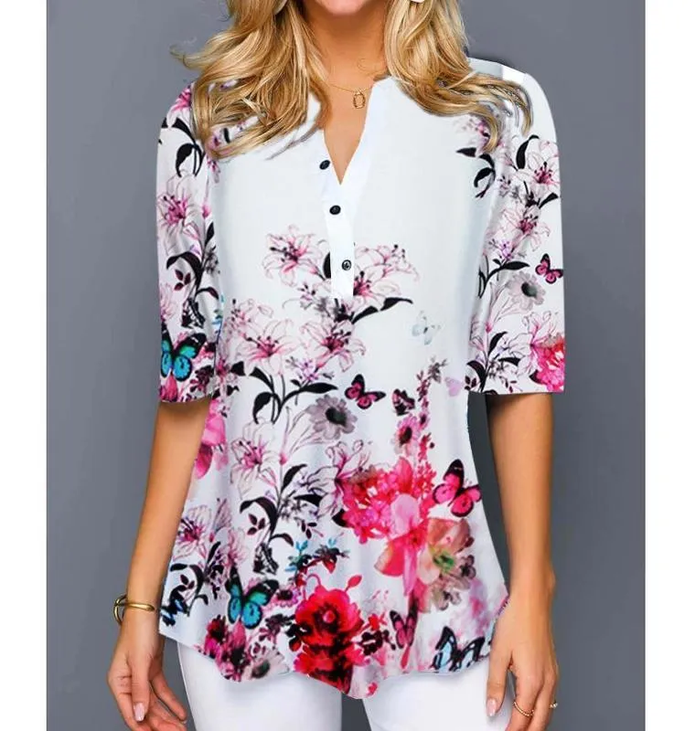 Plus Größe 4xl 5XL Hemd Bluse Weiblichen Frühling Sommer Tops V-ausschnitt Halbe Hülse Spitze Splice Print Boho Frauen hemd 220513