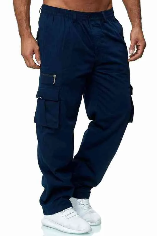 2022 Nieuwe Men's Solid Color Cargo Pants Mid-Taist Losse broek Tactische broek Armybroek G220507