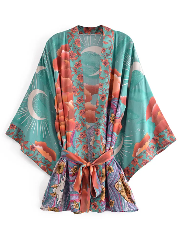 Boho Vintage Star and Moon Floral Stampa floreale Sashe Bohemian V Neck Batwing Maniche Happie Abito Short Kimono Copertina 220426