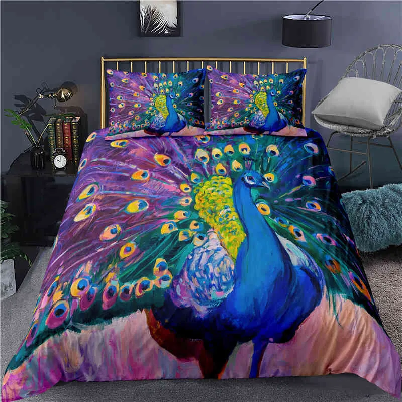 Peacock Duvet Zestaw Zestaw Plum Decor Decor Bedding King Size Crane Feather Kwiatowy wzór Romantyczna kołdra motywu