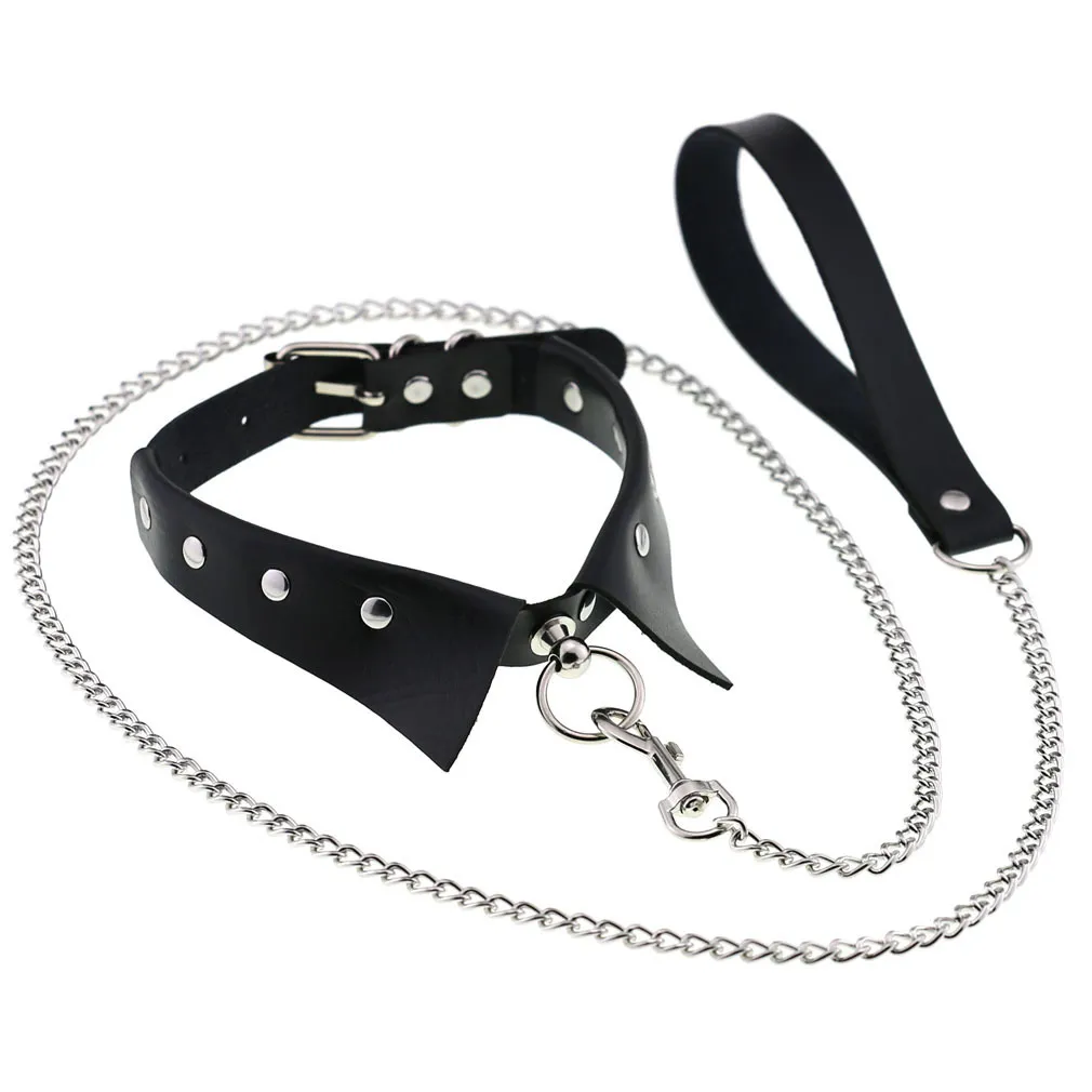 Exotic Accessories of Bdsm Slave Bondage Leather Collar with Leash Ring Steel Chain sexy Toys to Lover Roleplay Posture Spreader