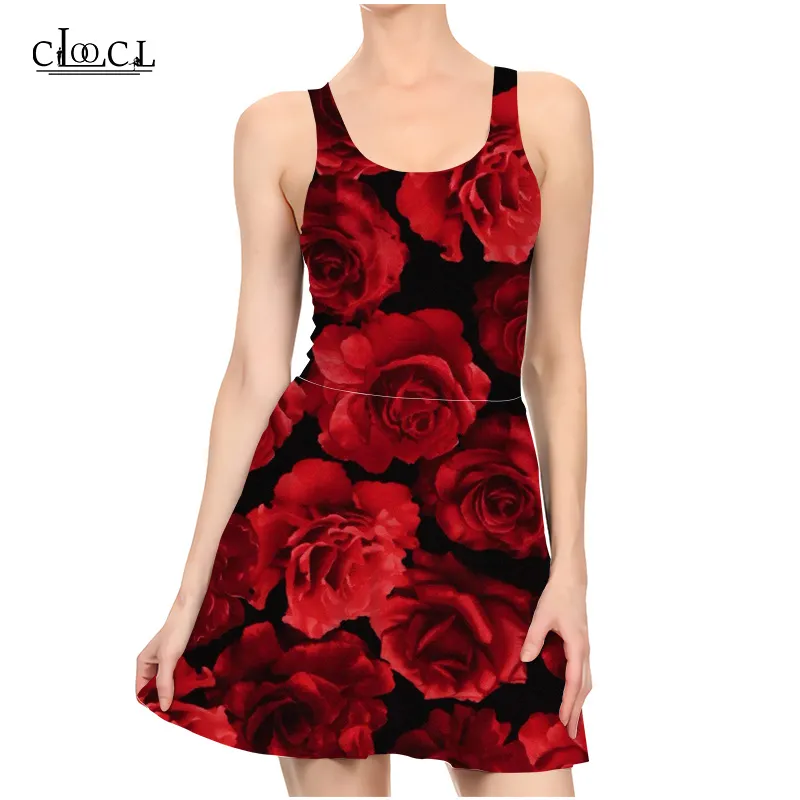 est Red Rose Flower 3D Print Summer Dress Donna Slim senza maniche Donna Sexy Abiti slim Pieghettato Abito casual 220617