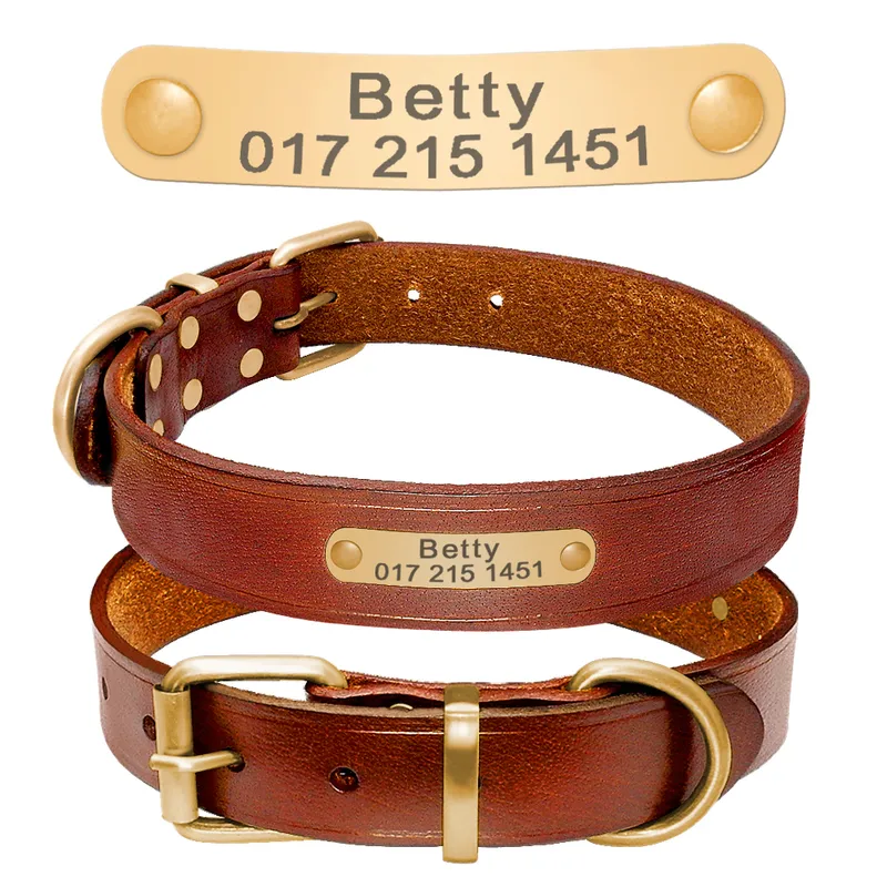 Personalized Dog ID Collar Genuine Leather Small Medium Dogs Cat Collar Custom Pet Name And Phone Number Free Engraving 220610