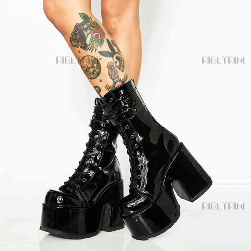 Boot Nowy Marka Luksusowy Projektant Platforma High Heels Chunky Goth Kobiety Buty Lace Up Zipper Klamra Moda Punk Damskie Buty Rozmiar 43 220325