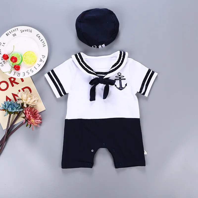 Fashion Summer born Navy Style Baby Romper Kids Boys Girls Sailor JumpsuitHat Body Short-sleeve Anchor Printed Suit 220525
