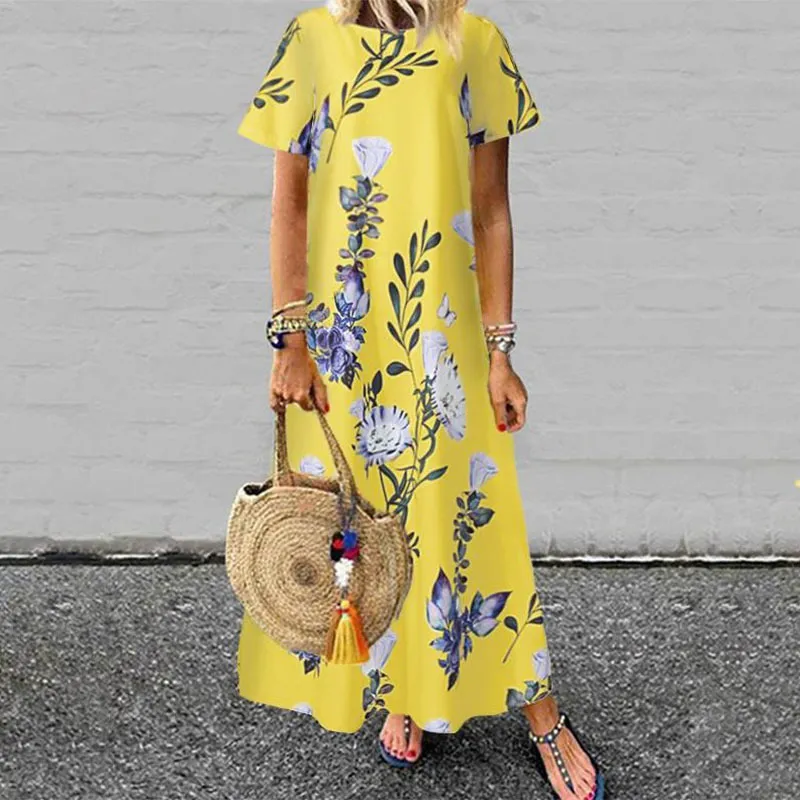 Boheemse jurk vrouwen korte mouw bloemen gedrukt lange maxi sundress o nek casual losse feest strand gewaad 220713