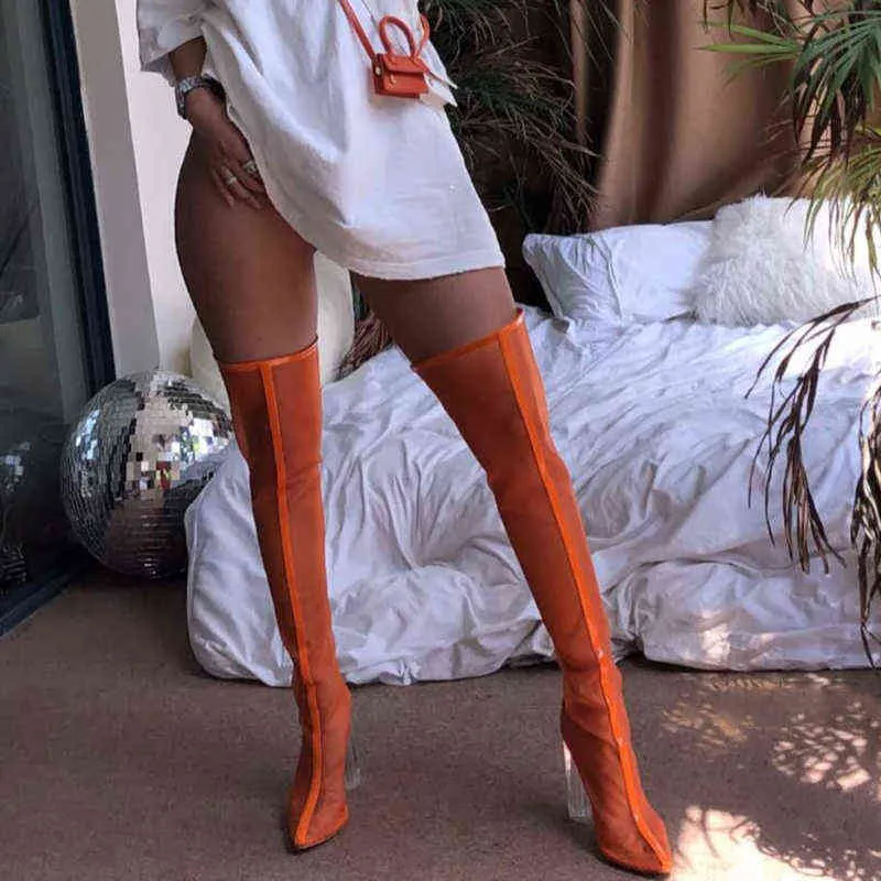 2022 New Mesh Neon Green Sandal Boots Women Sexy Over The Knee Boots Pointed Toe High Heels Party Shoes Woman Thigh High Boots Y220817